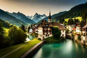 foto sfondo montagne, il cielo, acqua, fiume, Casa, villaggio, Svizzera, Euro. ai-generato