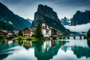 un' bellissimo montagna villaggio con un' ponte al di sopra di un' lago. ai-generato foto