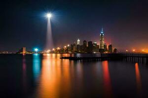 il Manhattan orizzonte è illuminato a notte. ai-generato foto