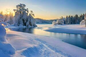 foto sfondo il cielo, neve, alberi, fiume, il sole, inverno, il foresta,. ai-generato