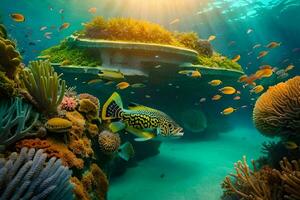 un subacqueo scena con corallo barriere e pesce. ai-generato foto