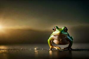 un' rana è in piedi su il terra nel davanti di il sole. ai-generato foto