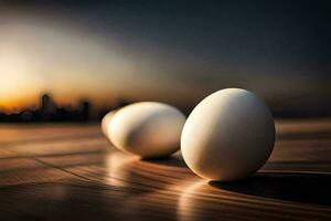 tre uova su un' tavolo con un' città nel il sfondo. ai-generato foto
