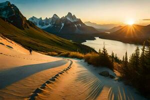 il sole sorge al di sopra di il montagne e il dune. ai-generato foto