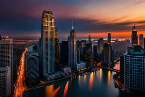 il città orizzonte a tramonto. ai-generato foto