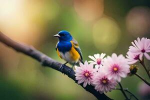 un' blu e giallo uccello si siede su un' ramo con rosa fiori. ai-generato foto