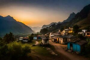 un' villaggio a tramonto nel il montagne. ai-generato foto