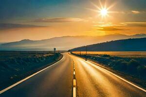 un' lungo strada con il sole ambientazione al di sopra di il montagne. ai-generato foto