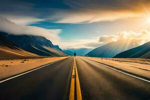 un' uomo in piedi su il strada nel il mezzo di un' deserto. ai-generato foto