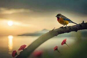 un' colorato uccello si siede su un' ramo vicino il acqua. ai-generato foto
