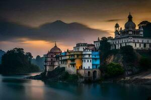 un' bellissimo tramonto al di sopra di un' fiume con un' castello nel il sfondo. ai-generato foto