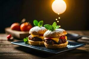 Due hamburger su un' nero piatto con un' leggero splendente su loro. ai-generato foto