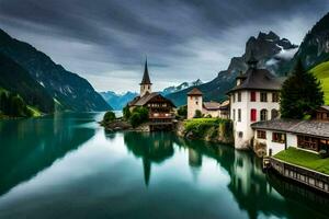 un' bellissimo lago e un' montagna villaggio nel il montagne. ai-generato foto