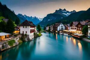 foto sfondo il cielo, montagne, acqua, case, Svizzera, lago, il Alpi. ai-generato