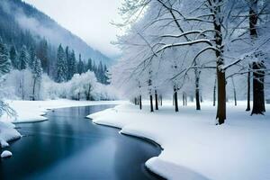 un' fiume nel il neve. ai-generato foto