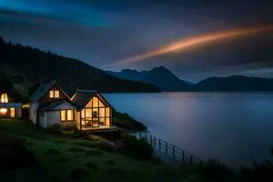 un' Casa si siede su il riva di un' lago a notte. ai-generato foto