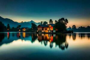 un' Casa su il lago a crepuscolo con montagne nel il sfondo. ai-generato foto