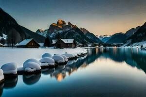 un' lago nel il montagne con neve coperto rocce. ai-generato foto