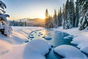 foto sfondo il cielo, neve, alberi, fiume, sole, fiume, acqua, neve,. ai-generato