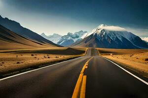 un' strada nel il mezzo di un' deserto con montagne nel il sfondo. ai-generato foto