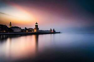 un' lungo esposizione fotografia di un' faro a tramonto. ai-generato foto