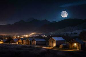 un' pieno Luna brilla al di sopra di un' villaggio a notte. ai-generato foto