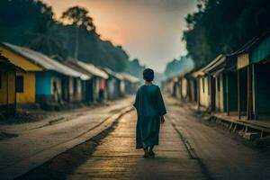 un' uomo passeggiate giù un' strada nel un' villaggio a tramonto. ai-generato foto