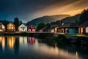 foto sfondo il cielo, acqua, montagne, case, villaggio, tramonto, lago, villaggio,. ai-generato