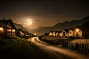 un' strada principale per un' villaggio a notte con un' pieno Luna. ai-generato foto