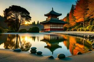 giapponese giardino a tramonto. ai-generato foto