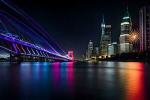 il città orizzonte a notte con colorato luci. ai-generato foto