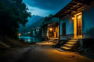 un' Casa di il fiume a notte. ai-generato foto