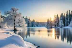 foto sfondo il cielo, neve, alberi, fiume, sole, inverno, alberi, lago,. ai-generato