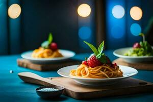 spaghetti con fragole e basilico su un' tavolo. ai-generato foto