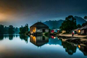 un' piccolo villaggio si siede su il riva di un' lago. ai-generato foto