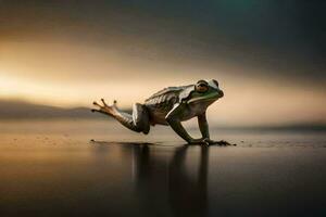 un' rana è salto su il acqua a tramonto. ai-generato foto