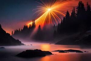 fuochi d'artificio al di sopra di un' lago con alberi e rocce. ai-generato foto