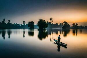 un' uomo nel un' canoa su un' lago a Alba. ai-generato foto