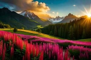 il sole brilla al di sopra di un' campo di rosa fiori e montagne. ai-generato foto