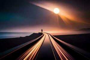 un' uomo in piedi su un' treno traccia a tramonto. ai-generato foto