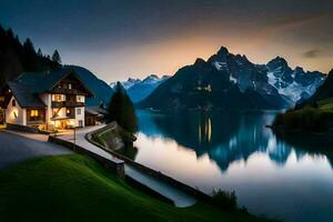 un' Casa si siede su il bordo di un' lago a tramonto. ai-generato foto