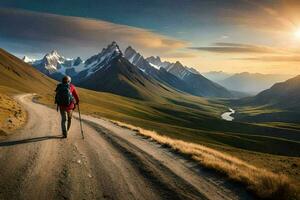 un' uomo passeggiate lungo un' strada nel il montagne. ai-generato foto