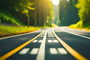 un' strada con giallo Linee e alberi nel il sfondo. ai-generato foto