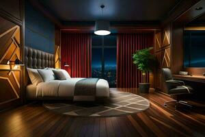 un' moderno Camera da letto con di legno piani e un' grande letto. ai-generato foto