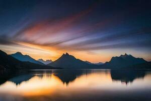 il montagne siamo riflessa nel il acqua a tramonto. ai-generato foto