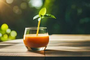 un' bicchiere di arancia succo con un' foglia su superiore. ai-generato foto