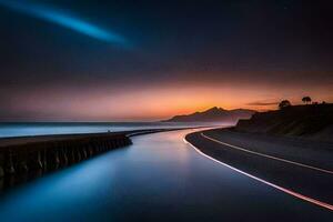 un' lungo esposizione fotografia di un' strada e oceano a tramonto. ai-generato foto