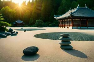 un' giapponese giardino con rocce e un' pagoda. ai-generato foto