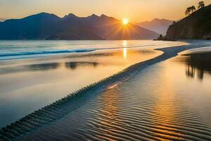 il sole imposta al di sopra di il oceano e montagne. ai-generato foto