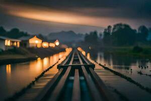 un' treno traccia nel il mezzo di un' fiume. ai-generato foto